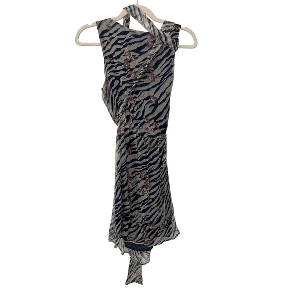 Glam Silk Sleeveless Sheer Mini Dress Size Medium Tie Waist Zebra Navy Multi - Picture 2 of 6